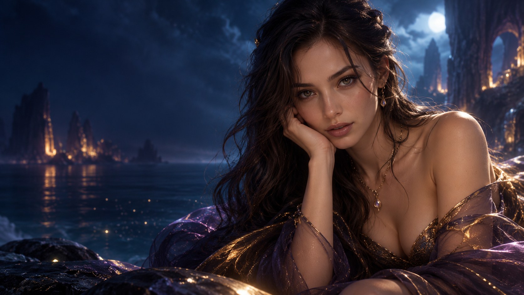 Cinematic night scene beside a deep blue ocean, with a fictional adult character
